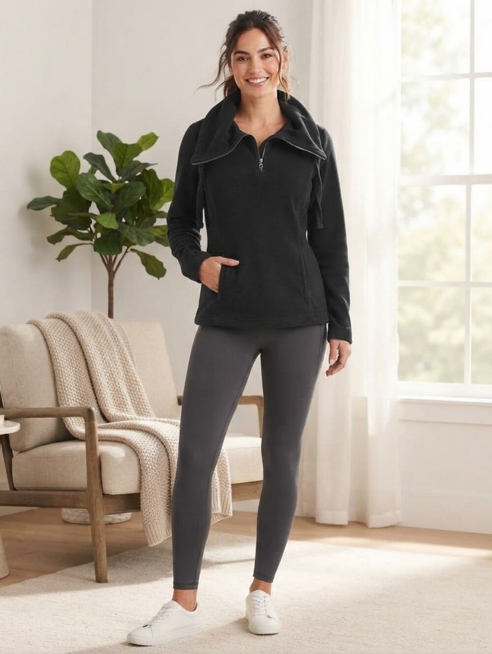 Pure Alfred Sung Black 1/4 Zip Funnel Neck Polyester Pullover Sweater – Size Med